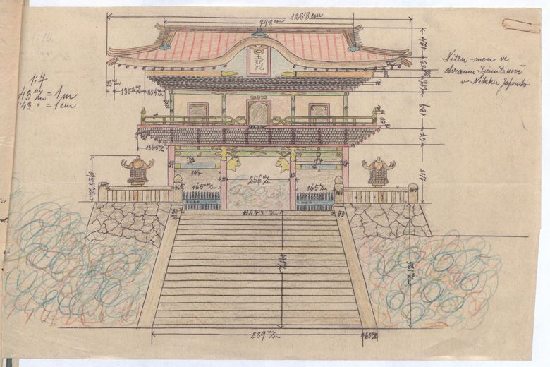 Náčrt stavby v japonské zahrádce.