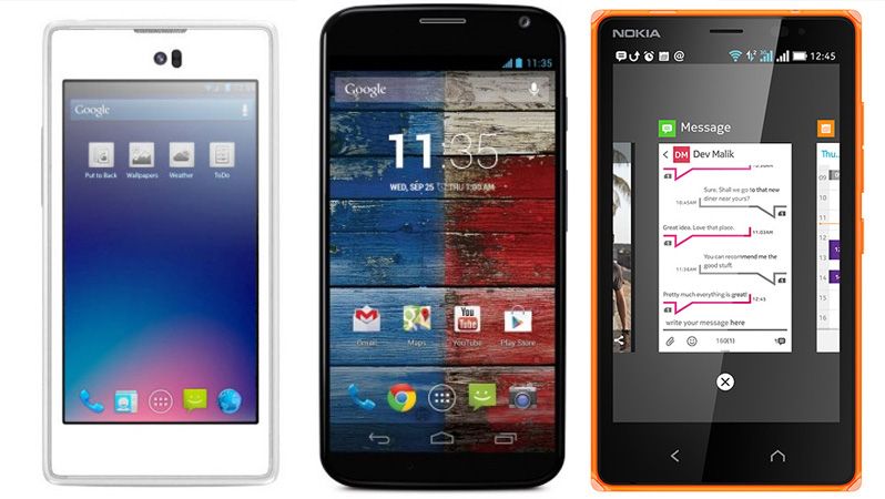 Zleva Yotaphone, Motorola Moto E a Nokia X2