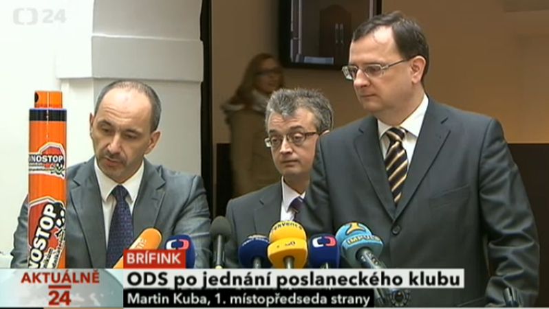 Martin Kuba, Marek Benda a Petr Nečas na tiskové konferenci ODS