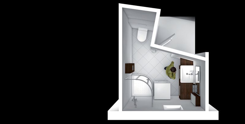 Příklad řešení vizualizace koupelny. Tvarově atypická koupelna měla původně podél zdi naproti dveřím umístěnou pračku a vanu. Volba sprchového koutu umožnila ušetřit místo a postavit pračku volně do prostoru. Realizace designér Michal Janků.