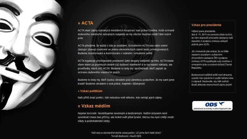 Stránky ODS v noci ovládli hackeři hnutí Anonymous.
