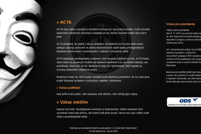Stránky ODS v noci ovládli hackeři hnutí Anonymous.