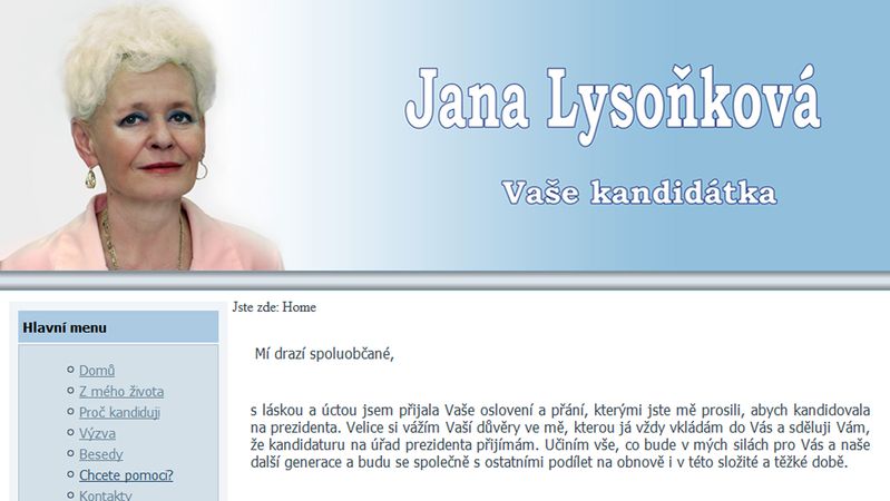Stránky s prezidentskou kandidaturou Jany Lysoňkové