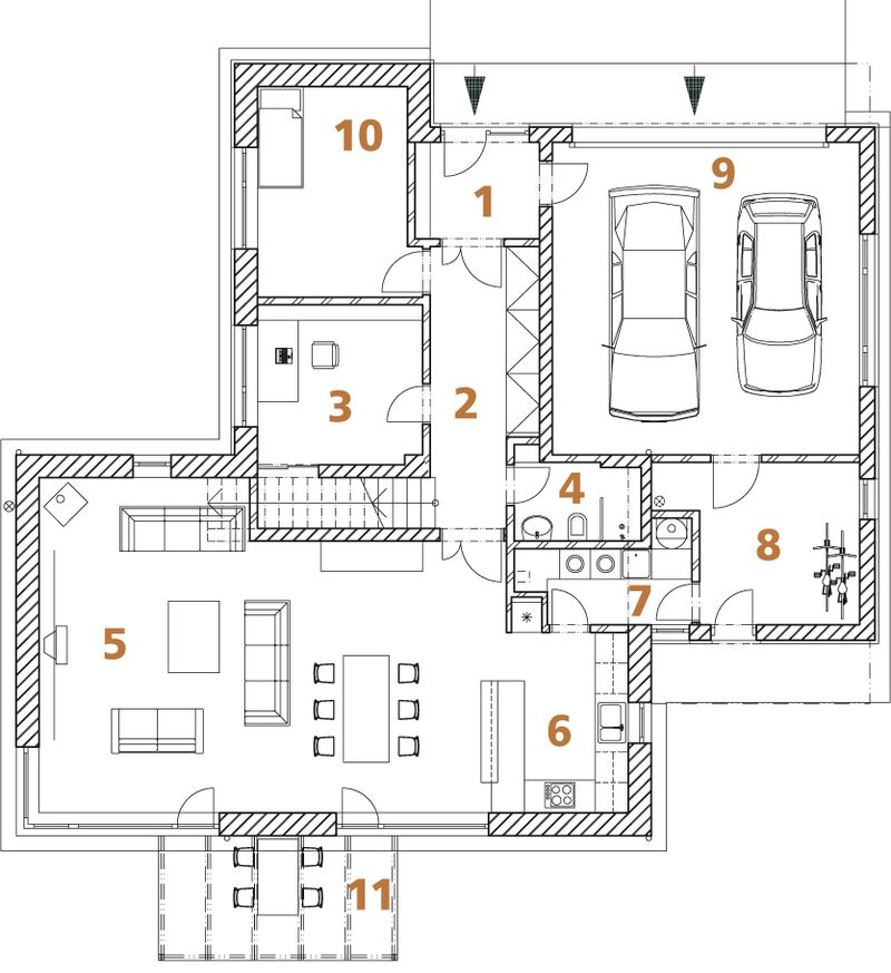 Půdorys přízemí: 1) zádveří 2) předsíň 3) pracovna 4) koupelna + WC 5) obývací pokoj 6) kuchyň 7) domácí práce 8) technická místnost 9) garáž 10) pokoj pro hosta 11) terasa. 
