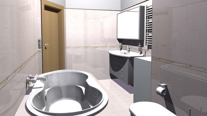 Majitele bytu nejvíce zaujala varianta s umístěním vany v pravé části nové koupelny, kterou se také rozhodli realizovat. 