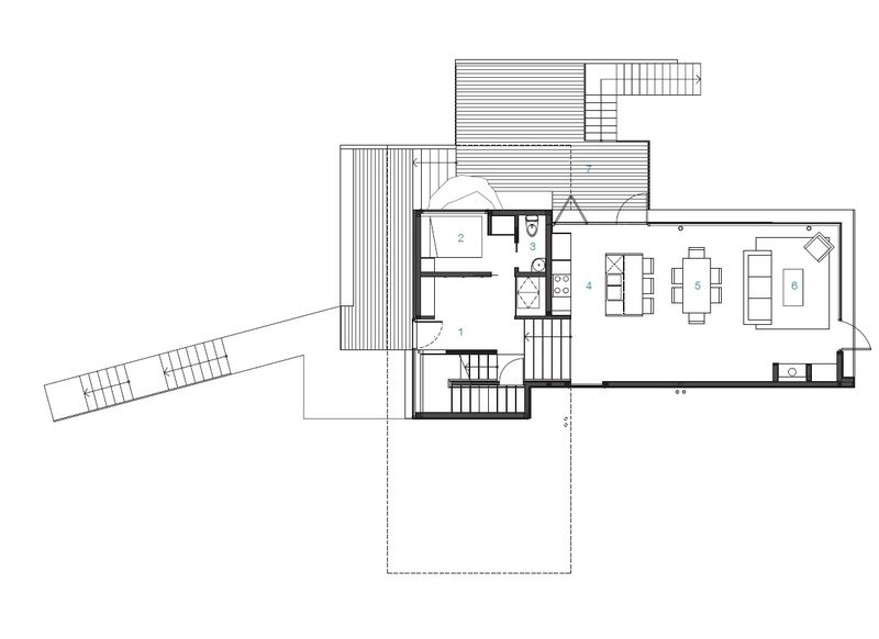 Spodní patro: 1 předsíň, 2 pokoj, 3 toaleta, 4 kuchyň, 5 jídelna, 6 obývák, 7 dvorek