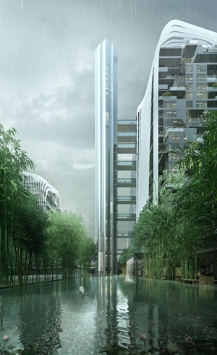 Pro všechny projekty ze série Město Šan-šuej, je charakterický velký důraz na vodu a zeleň. Ne nadarmo, překlad názvu zní Město hor a vod.