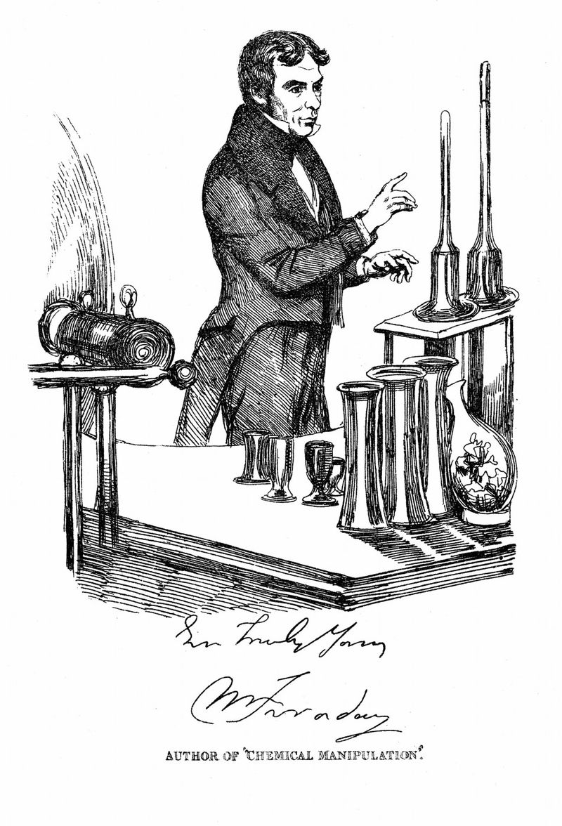 Michael Faraday na dobové ilustraci předvádí veřejnosti chemický pokus.