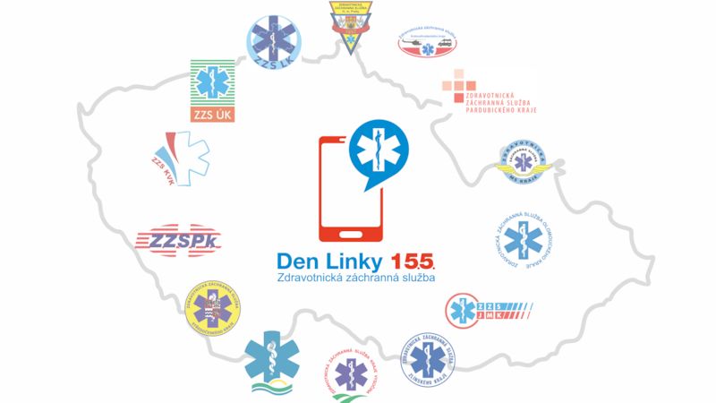 Logo dne linky 155 - v mapě ČR jsou zobrazena loga jednotlivých krajských záchranných služeb.