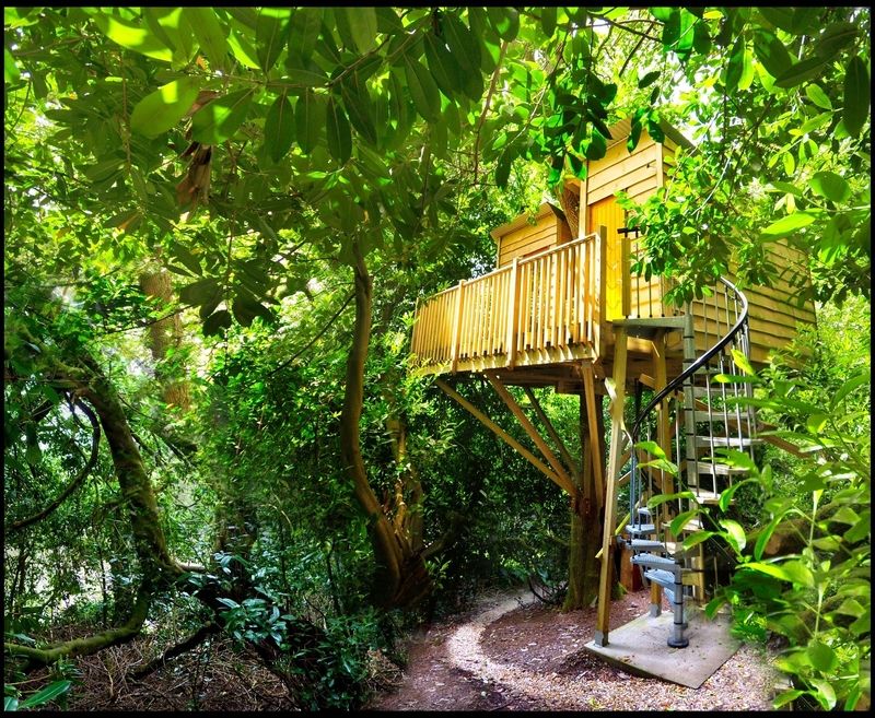 Přírodní vzhled stromového domku nemusí narušit ani klasické kovové točité schodiště.