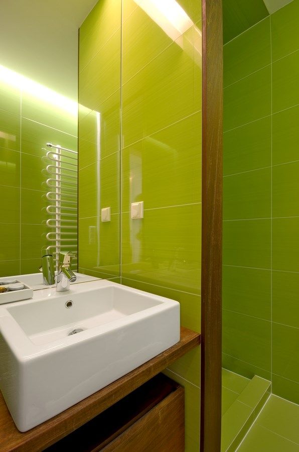 Koupelna v jablkově zelené barvě slouží především návštěvám. Součástí je sprchový kout a umyvadlo hranatého tvaru. 