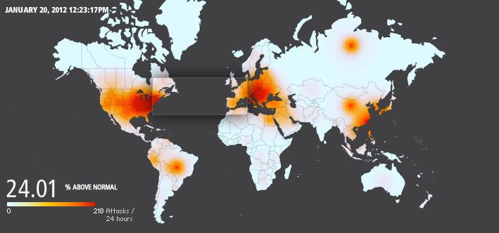 Celosvětová odplata za Magaupload: Oranžová pole naznačují intenzitu hackerských útoků oproti běžnému dni v celosvětovém měřítku na jednotlivých kontinentech.