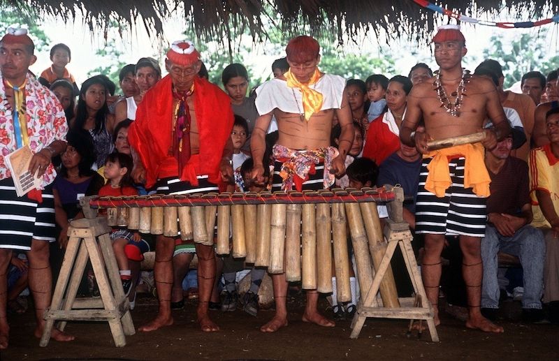 Členové kmene při hře na hudební nástroj.