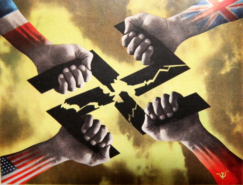 Plakát z druhé světové války ukazující společný boj čtyř mocností proti fašismu.