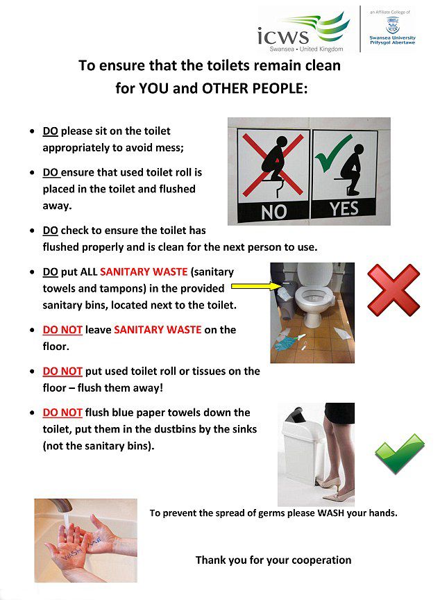 Plakátek s instrukcemi k používání WC, který visí na toaletách britské univerzity Swansea.
