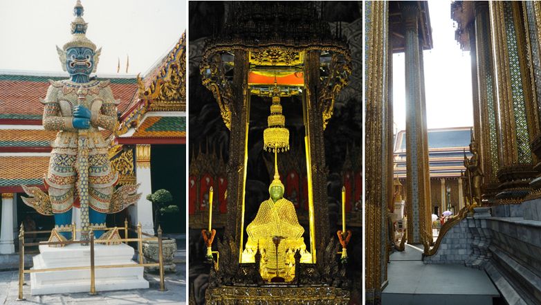 Wat Phra kaew. Smaragdového Buddhu (uprostřed) hlídá před jeho příbytkem obr Yaksha Thotsakan (vlevo). Obrázek vpravo nám představuje vstup do Phra Mondop – knihovny buddhistických kanonických textů Tripitaka.