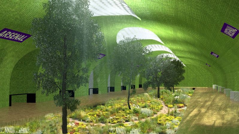 Díky prosklení stropu by bylo možné v interiéru stanice pěstovat i bohatou zeleň.