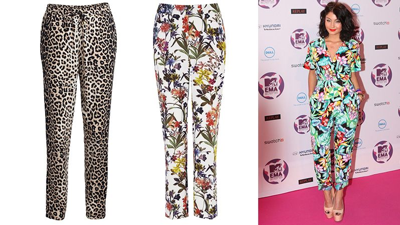 Outfit z předávání cen MTV EMA Awards. Napodobíte ho s leopardími kalhotami, Lindex 899 Kč. Nebo bílými s květinou rovného střihu, Marks&Spencer 2299 Kč