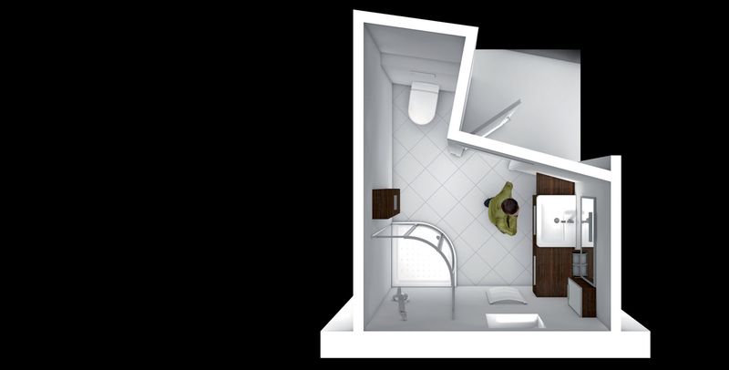 Tatáž koupelna s pračkou pod úložnými skříňkami. Prostor získal na vzdušnosti, je možno umístit více skříněk. Realizace designér Michal Janků.