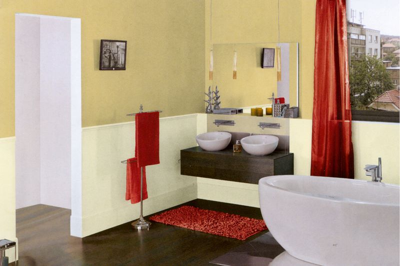 V koupelně se uplatní cihlová zejména na doplňcích ve spojení s béžovo žlutými tóny v kombinaci s teakem a wenge masivem.