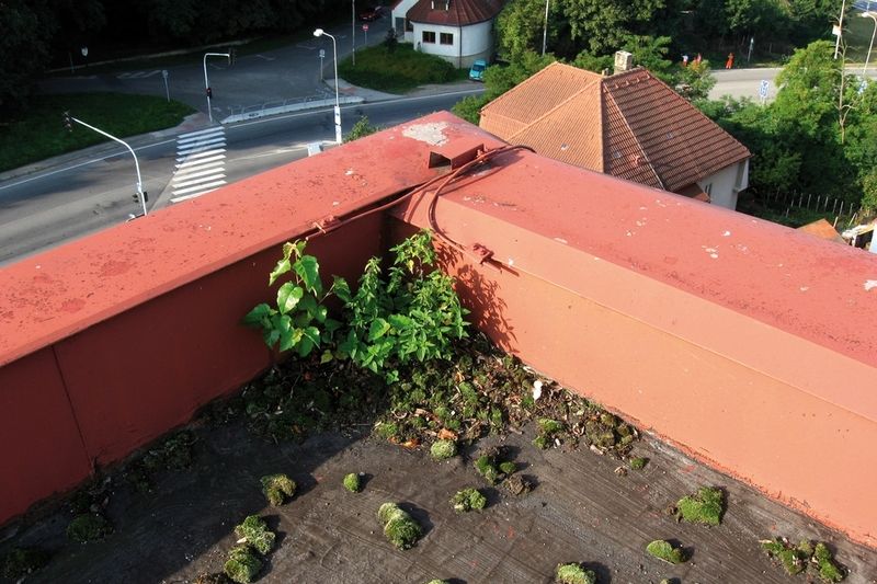Atika na střeše řešená starým způsobem. Napojení plechu a asfaltu v dolním koutě bývá zdrojem netěsnosti. Rostliny v koutě určitě nepřispívají k těsnosti detailu.