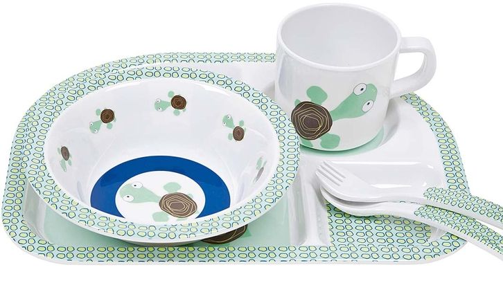 Set dětského nádobí Lässig: 4dílný tácek, hrneček, mistička, vidlička a lžička. 100% melamin, lze mýt v myčce. Cena 550 Kč. 