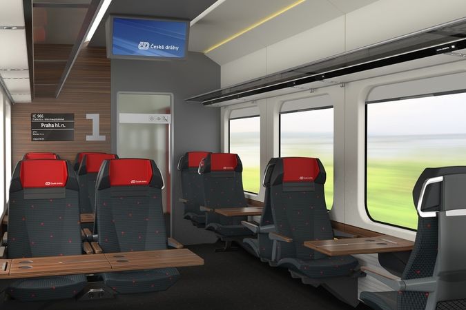 Vizualizace představují interiér pro vlaky na kratší a střední vzdálenost. Takto mají vypadat vagóny první třídy.
