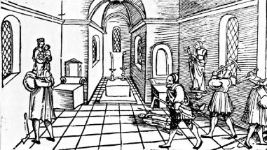 Popravování a pálení soch v Německu, grafika z doby kolem roku 1530. (výřez)