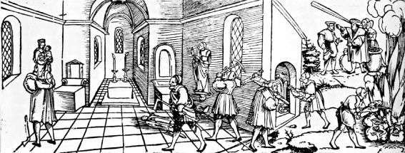 Popravování a pálení soch v Německu, grafika z doby kolem roku 1530. (výřez)