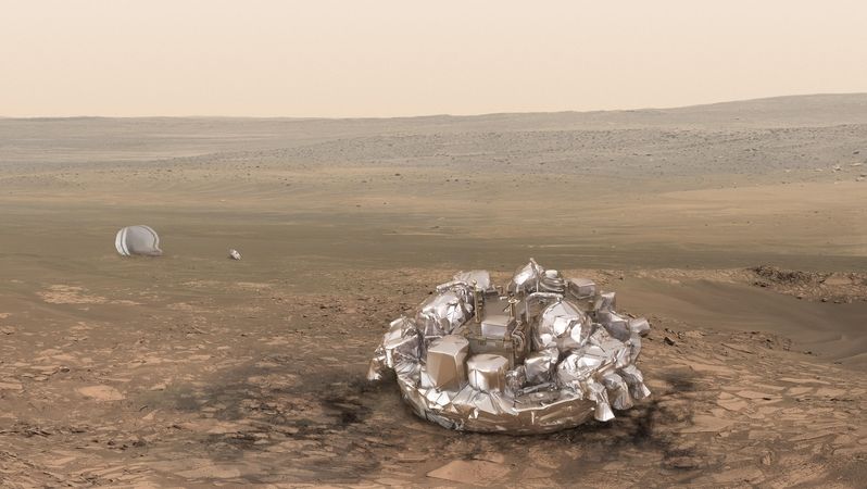Vizualizace toho, jak by mohl vypadat modul Schiaparelli po přistání na Marsu.