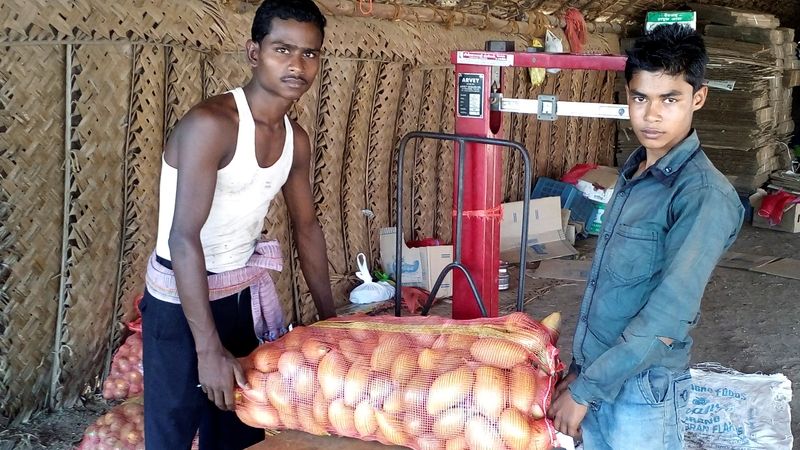 Migrující pracovníci váží pytel mang v na trhu na jihu Indie 