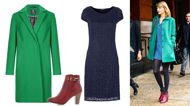 Styl Taylor Swiftové: Zelený kabát, Marks&Spencer, info o ceně v obchodě. Červené kozačky, Botovo, 673 Kč. Modré šaty, Bonprix, 779 Kč. 