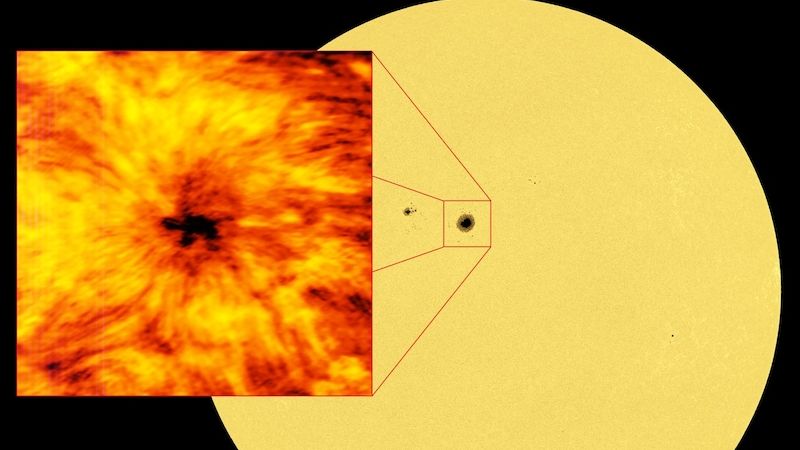 Detailní záběr velké sluneční skvrny pomocí ALMA na vlnové 
délce 1,25 mm.