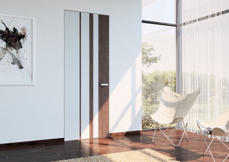 Velice efektně působí dveře s kombinací několika různých materiálů na povrchu.