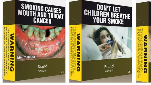 Varovné obaly na australských krabičkách cigaret.
