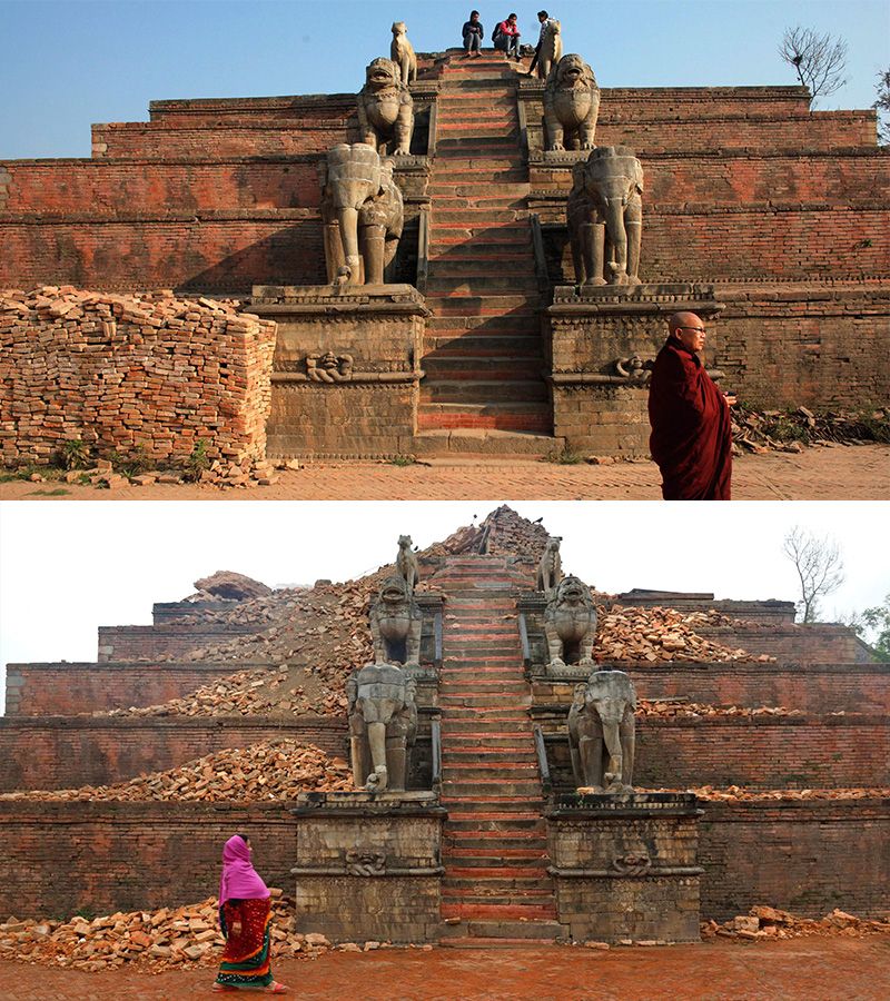 Část náměstí Durbar v Káthmándú krátce po zemětřesení (dole) ve srovnání se snímkem pořízeným minulý měsíc