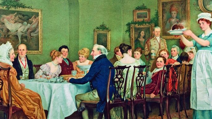 Vánoční pudink byl ve Velké Británii nezbytnou součástí tabule - hosté na obraze Charlese Greena (1836-1899) už na něj netrpělivě čekají. 