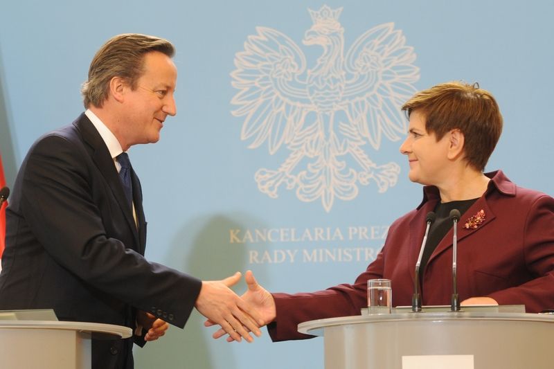 Britský premiér David Cameron se zdraví s polskou předsedkyní vlády Beatou Szydlovou. 