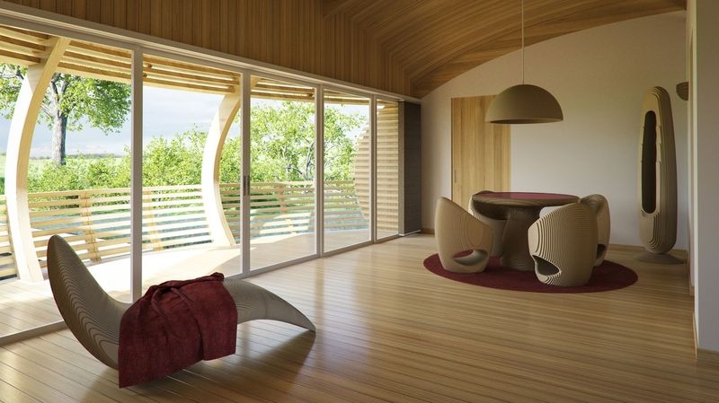 Designér v návrhu domu počítá se zařízením interiéru nábytkem zadavatelské společnosti EcoFloLife.