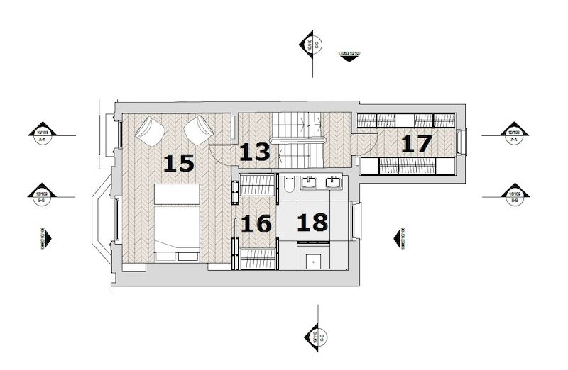 První patro: 15 - ložnice rodičů, 16 - průchozí šatna, 17 - šatna, 18 - koupelna