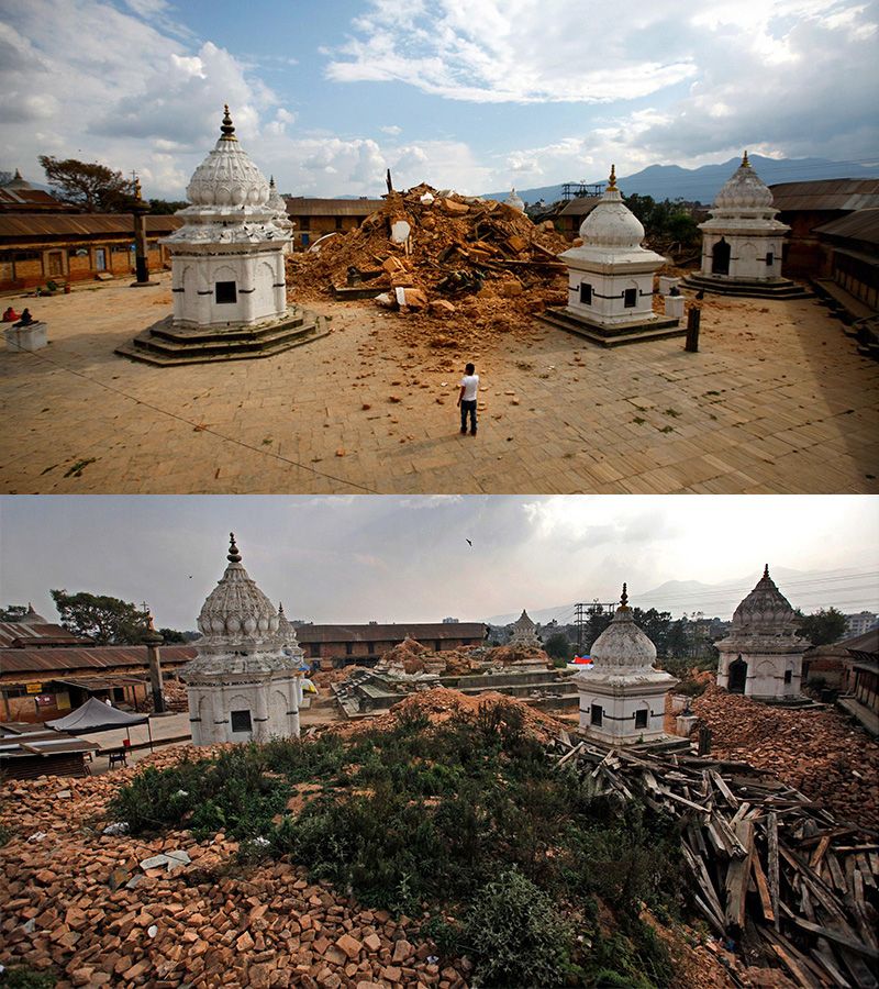 Chrámový komplex v Káthmándú těsně po zemětřesení (dole) v kontrastu s tím, jak vypadal začátkem letošního března.