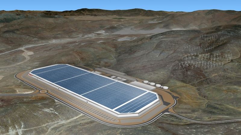 Letecký snímek Gigafactory společnosti Tesla v Nevadě