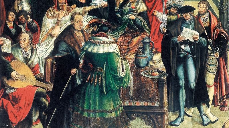 Král Alexandr a jeho lékař Filip na obraze Hanse Wertingera z roku 1517 – vpravo postava v modrém s vycpaným krytím. 