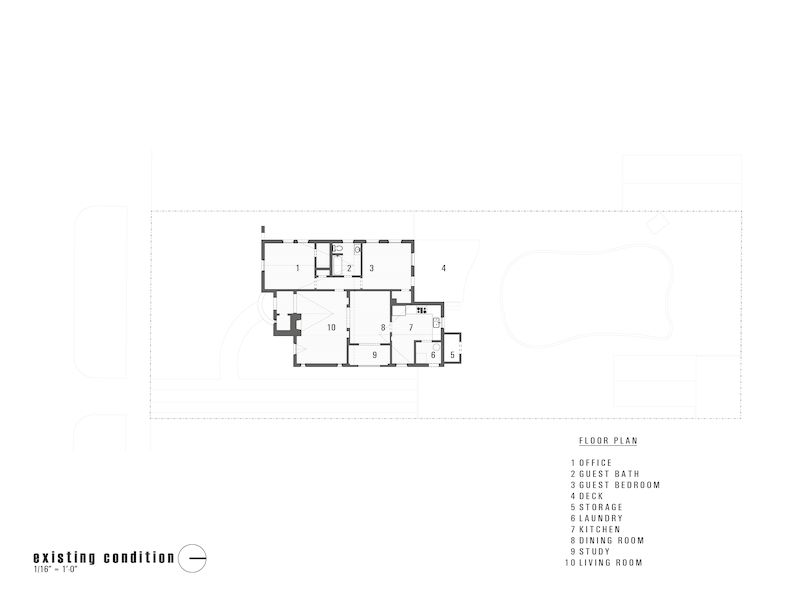 Půdorys domu v původní podobě: 1 - pracovna, 2 - koupelna, 3 - ložnice, 4 - terasa, 5 - komora, 6 - prádelna, 7 - kuchyň, 8 - jídelna, 9 - studovna, 10 - obývací pokoj.