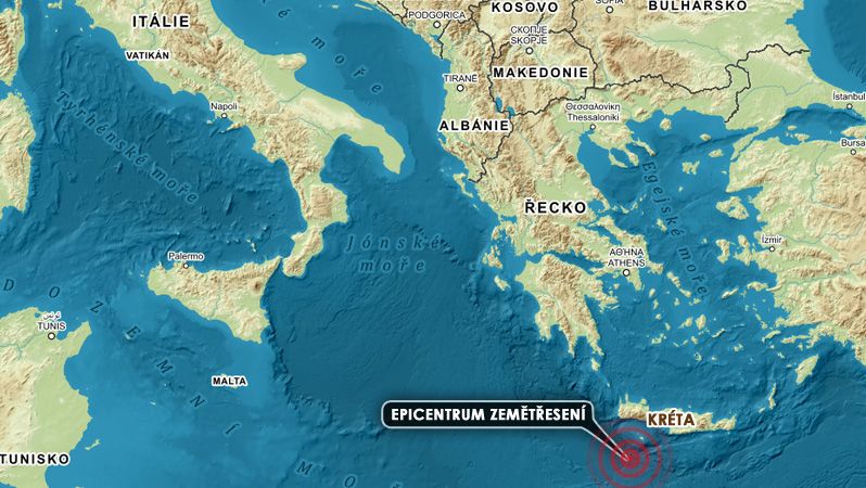 Epicentrum zemětřesení u jižního pobřeží řeckého ostrova Kréta