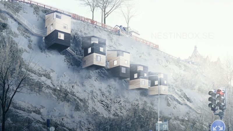 Domky zavěšené na skalní stěnu jako ptačí budky navrhli architekti ze Švédska nejenom jako řešení do nepřístupného terénu.