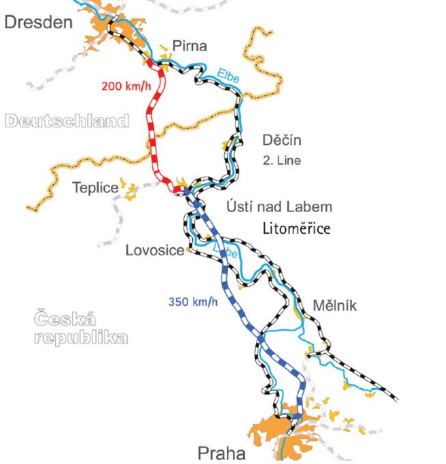 Orientační schéma vedení nového železničního spojení Praha – Drážďany