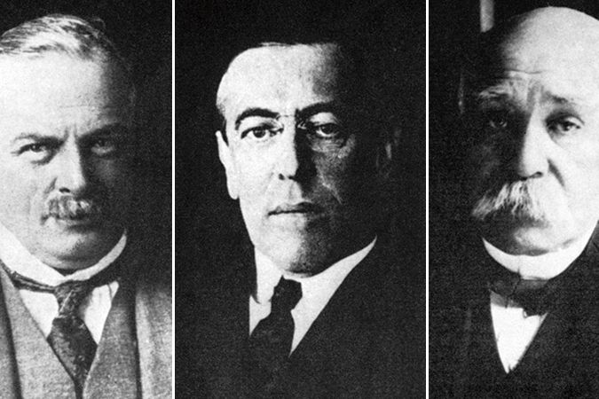 Tři nejdůležitější muži na konferenci – zleva David Lloyd George, Woodrow Wilson a Georges Clemenceau