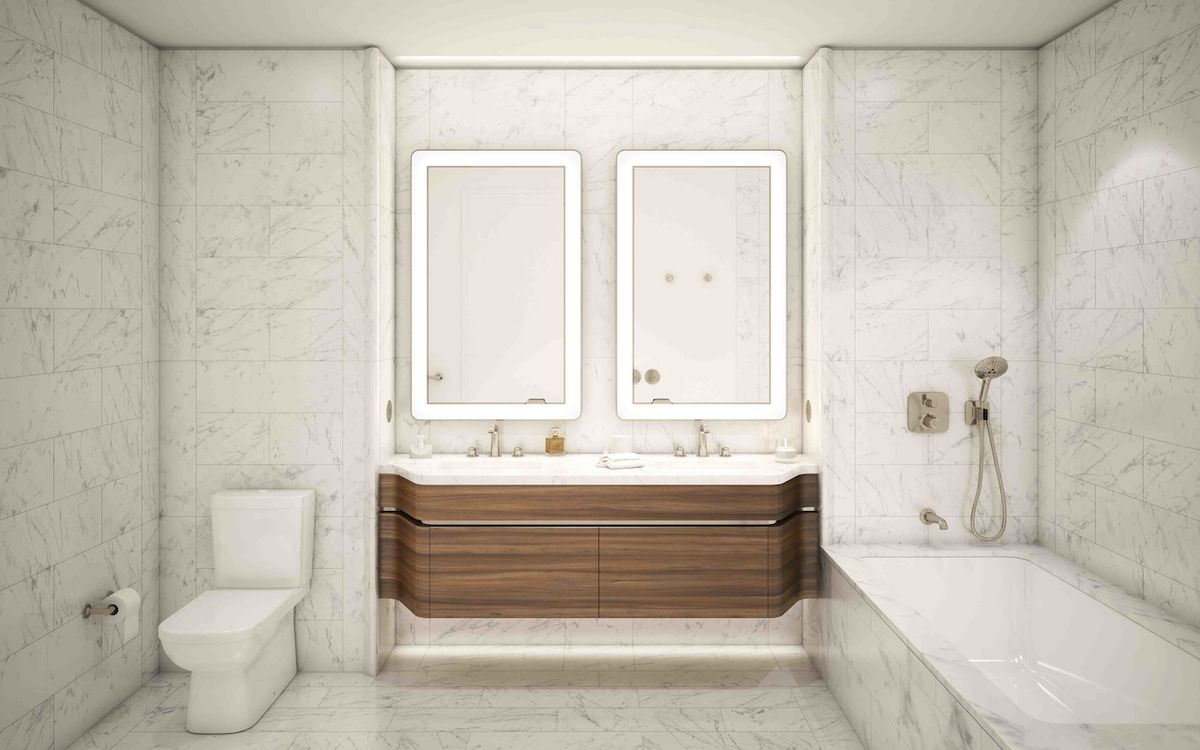 Zvláště v hlavních koupelnách využil designér v bohaté míře mramor. Všechny ostatní materiály záměrně upozadil tak, aby vynikla čistota vzhledu.