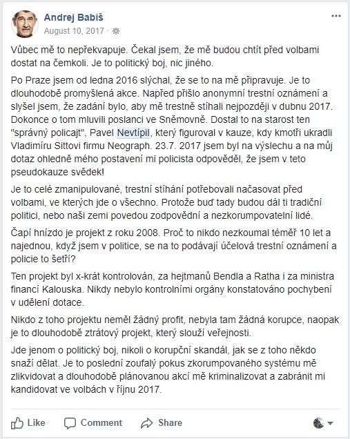 Babiš ve svém facebookovém postu ze srpna 2017 napadá vyšetřovatele kauzy Čapí hnízdo Pavla Nevtípila.